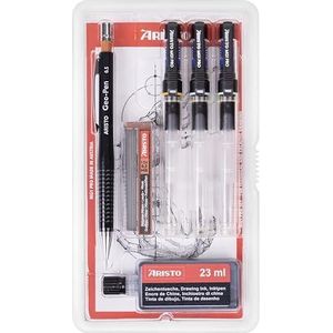 Aristo AH64311 mg1 Pro Inktvulpen College Set 6-delig (3 inktvulpen mg1 Pro, lijndikte 0,35/0,5/0,7 mm, Geo-Pen fijne stiftstift 0,5 mm met 12 vullingen, tekeninkt zwart)