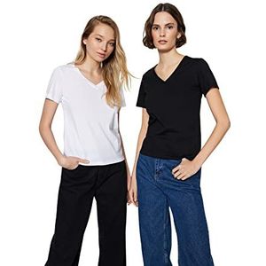 Trendyol Gebreid T-shirt met V-hals voor dames, regular fit, basic, Zwart-wit, M