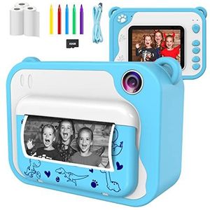 Ushining Kindercamera, digitale camera voor kinderen, 1080p HD videocamera met 2,4 inch IPS-scherm, instant camera, zwart-wit-fotocamera met 32 GB Micro SD-kaart en 3 rollen printpapier, blauw