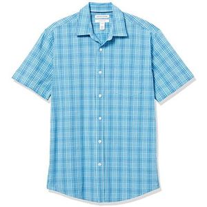 Amazon Essentials Men's Poplin overhemd met normale pasvorm en korte mouwen, Blauw Wit Plaid, XS