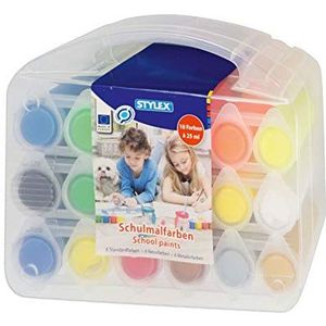 Stylex 28952 - schoolverf, 18 verfkleuren voor kinderen, in 25 ml nappen in praktische multifunctionele koffer, 6 standaardkleuren, 6 neonkleuren en 6 metallic kleuren