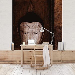 Apalis Vliesbehang Happy Boeddha fotobehang vierkant | vliesbehang wandbehang muurschildering foto 3D fotobehang voor slaapkamer woonkamer keuken | grootte: 336x336 cm, bruin, 97729