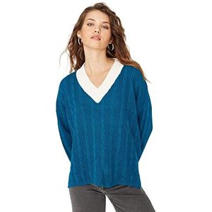 Trendyol Dames V-hals Colorblock Oversize Sweater Sweater Blauwgroen, L, Blauwgroen, L