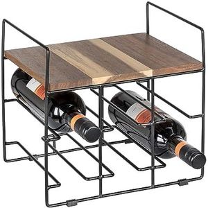 WENKO Nori 71376800 wijnrek voor 6 flessen, van gepoedercoat metaal, met plank van FSC-gecertificeerd acaciahout, 30 x 27,5 x 24 cm, bruin/zwart, hout