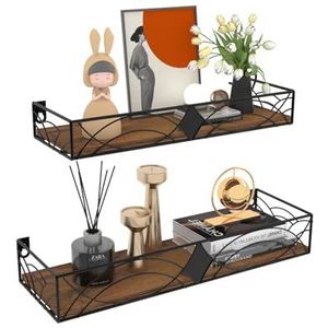 HORLIMER Zwevend wandrek, zwevend rek met metalen staven en houten plank, rustieke wandplank, muur voor keuken, badkamer, slaapkamer, woonkamer, kantoor (2 stuks)