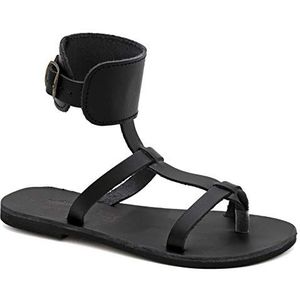 Zwart 37 Emmanuela Antieke Griekse handgemaakte lederen sandalen met enkelriemen, sandalen met flotscuts en verstelbare gesp, riem sandalen met open tenen