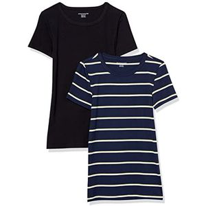 Amazon Essentials Dames slim fit T-shirt met korte mouwen en ronde hals, 2 stuks, zwart/marineblauw horizontale streep, XS