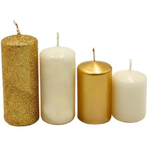 Gelaagde stompkaarsen, adventskaarsen, adventskranskaarsen, in goud en ivoor, 4 maten, hoogte 5-10 cm, diameter 4 cm elk, 280 g