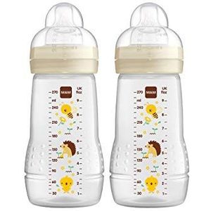 MAM 9995742020 Easy Active babyflesje in een set van 2 (270 ml), babyfles met SkinSoft siliconen MAM-speentje in maat 1, drinkflesje met ergonomische vorm, vanaf 0+ maanden, beige,beige/beige-egel