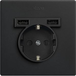 SIMON - Inbouwstopcontact met twee USB-laders type A mat zwart, Simon Serie 270, 16 A, 2,1 A, plat en dun wandcontactdoos incl. frame, deksel en mechanisme, matzwart