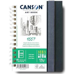 CANSON - Professional Book – tekenpapier wit – lichte korrel – 120 g/m² – spiraalgebonden notitieboek – A5-14 – 8 x 21 cm – natuurlijk wit, 50 vellen