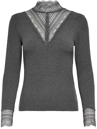 ONLY Dames Onltilde L/S High Neck Lace Top JRS Noos T-Shirt, Dark Grey Melange/Detail:black Lace, S