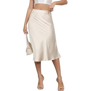 Alcea Rosea Dames Satijn Hoge Taille Zijdeachtige A-lijn Bruiloft Elegante Elastische Midi Rok, Champagneuk, L