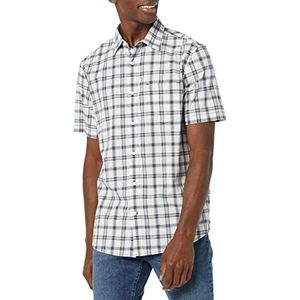 Amazon Essentials Stretch popeline overhemd met korte mouwen voor heren (verkrijgbaar in groot en lang), marineblauw wit geruit, XS