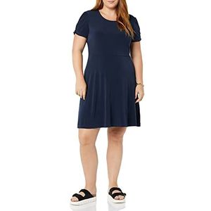 Amazon Essentials Dames verzamelde korte mouwen ronde hals shift jurk (verkrijgbaar in grote maten), marineblauw, M