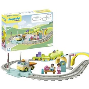 PLAYMOBIL 1.2.3: Grote treinset 71593, met wagons, slagbomen en een klok, educatief speelgoed voor peuters om basisfuncties te ontdekken, speelgoed voor kinderen vanaf 12 maanden