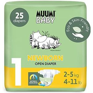 Muumi Baby Pasgeboren Eco-luiers Maat 1, 2-5 kg â€‹â€‹(4-11 lbs), 25 gevoelige premium luiers met vochtindicator | Zacht en huidvriendelijk, ademend, absorberend, geen onnodige chemicaliÃ«n |