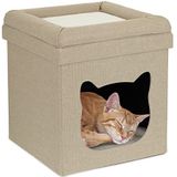 Relaxdays kattenmand poef, kattenhuis, opvouwbaar, HxBxD: 44 x 40 x 40 cm, kattenmeubel stof, kattenholletje, bruin/wit
