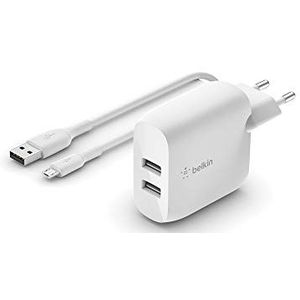 Belkin Boost Charge USB-A-oplader, 24 W, met twee aansluitingen en USB-A/micro-USB-kabel (voor apparaten zoals smartphones, tablets, draadloze hoofdtelefoons, powerbanks en draagbare luidsprekers)