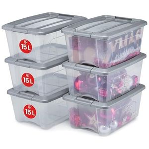 IRIS New Topbox Opbergbox - 15L - Kunststof - Transparant/Zilvergrijs - Set van 6