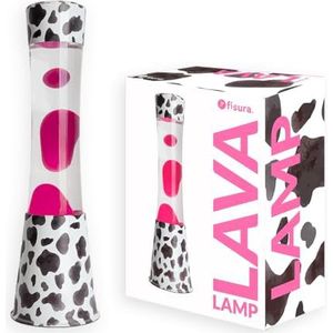 Fisura - Lavalamp ""koe"". Basis met koeienprint, doorzichtige vloeistof en roze lava. Ontspannend effect. Met vervangende lamp. Afmetingen:11 cm x 11cm x 39,5 cm.
