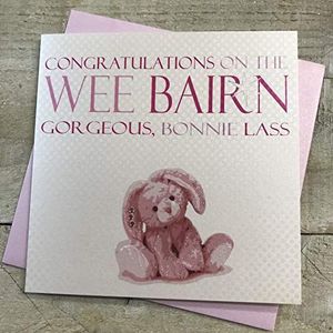 White Cotton Cards wenskaart voor Bairn Gorgeous Wee Bonnie Lass Bunny, handgemaakt, roze