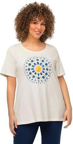 Ulla Popken - Shirt - Blauw - Geel - Offwhite - Motiefprint - Kwartmouw