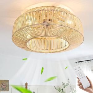 Plafondventilator Met Verlichting E27 Retro Rotan En Bamboe Plafondventilator Met Afstandsbediening Stille Plafondlamp Met Ventilator 6 Windsnelheden Licht Met Ventilator Woonkamer Eetkamer