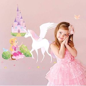 Stickers voor kinderen, muurstickers prinses, eenhoorn en kasteel – wanddecoratie kinderkamer | 70 x 50 cm