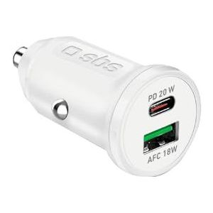 SBS Mini-Autolader, Stroomvoorziening 20W, Snel Opladen, Adaptive Fast Charge (Afc), Status-Led, Usb-C, Usb-A, 12V-Aansluiting, Voor Iphone, Ipad, Airpods, Samsung, Smartphone, Tablet, Wit