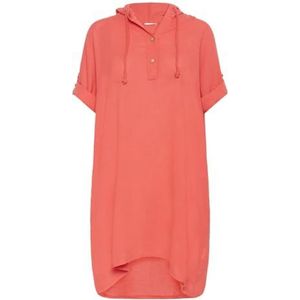 Cream Damesjurk met capuchon, 3/4 mouwen, losse pasvorm, middellange zakken, Hot Coral, M