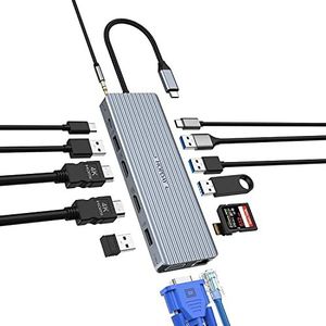 HOPDAY USB C Docking Station Dual HDMI 14 in 1 USB C Hub Triple Display, USB C Adapter 2 HDMI, VGA, USB3.1, Gigabit Ethernet, 100W PD, SD/TF, USB C-gegevens, 3,5 mm Mic voor MacBook Pro/Air HP Lenovo