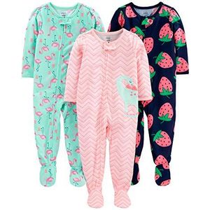 Simple Joys by Carter's Baby meisjes 3-pack losse pasvorm vlambestendig polyester jersey voeten pyjama dinosaurus flamingo/aardbei print, 12 maanden, Dinosaurus/Flamingo/Aardbei Print, 12 Months