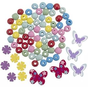 GLOREX 6 1630 320 - Houten kralenset, 75 stuks met bloemen en vlinders, geschikt voor het maken van sieraden, armbanden, kettingen, accessoires en decoraties