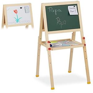 Relaxdays krijtbord kinderen, dubbelzijdig magnetisch, hoogte verstelbaar, HBD 77x39x44.5 cm, whiteboard, naturel