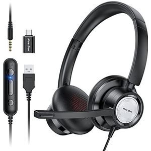 New bee Headset met microfoon, pc-headset, verstelbare microfoon met ruisonderdrukking, headsets USB type C 3,5 mm, hoofdtelefoon voor business/telefoonconferenties/Skype-chat/online cursussen (zwart)