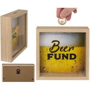 Houten spaarpot, Bier Fund, in frame, ca. 20 x 20 cm