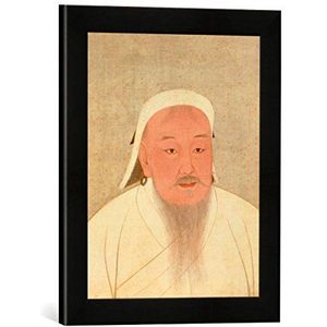 Ingelijste afbeelding van de 14e eeuw Genghis Chan/Zijdeschilderij, Kunstdruk in hoogwaardige handgemaakte fotolijst, 30 x 40 cm, mat zwart