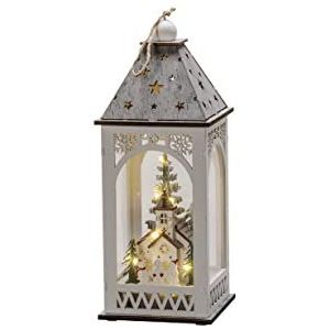 Konstsmide LED houten lantaarn met kerk, wit, 6 uur timer, 8 warm witte diodes, werkt op batterijen, binnen - 3271-210