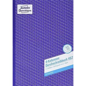 AVERY Zweckform 452 colons doorschrijfboek 4 kolonnen (A4, met 1 vel blauw papier, kolomboek, bedrijfsboek, voor Duitsland en Oostenrijk voor het maken van origineel en kopie, 2 x 50 vellen) wit