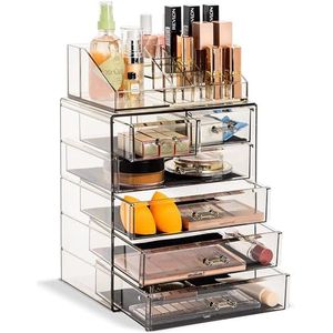 Sorbus Transparante organizer voor cosmetica - opbergen en weergeven van make-up en sieraden - ruim ontwerp - dressoir, badkamer, badmeubel en aanrecht (4 grote, 2 kleine laden, zwart [Black Jewel])