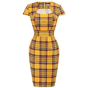 Grace Karin Vintage kokerjurk voor dames, jaren 50, 60, bodycon jurk met kapmouwen, Geel geruite, L