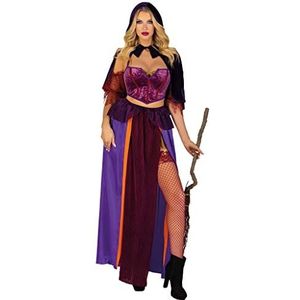 Leg Avenue 3 PC Black Magic Babe, includes velvet crop top with net sleeves, dual slit long skirt with glitter elastic garter, and collared caplet with pointed hood