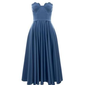 Swing Fashion Blauwe uitlopende midi-jurk van satijn met lijfje Flavia | maat 36, blauw, 36