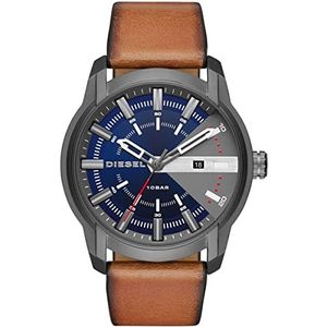 Diesel heren armbar driehandig date bruin lederen horloge