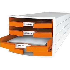 HAN Ladebox IMPULS 2.0 met 4 open laden voor DIN A4/C4 incl. tekstborden, uittrekblokkering, meubelvriendelijke rubberen voeten, design in premium kwaliteit, 1013-51, wit/oranje