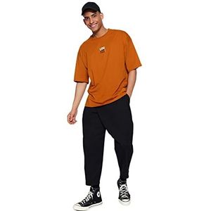 Trendyol Heren Heren Oversize Basic Crew Neck Geweven T-shirt, Oranje, M