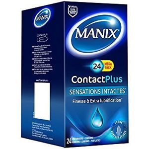 Manix Contact Plus: doos met 24 condooms voor heren, ultradun en extra gesmeerd, voor ontact gevoel, diameter 53 mm