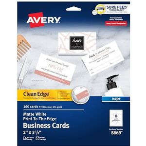 Avery Clean Edge afdrukbare visitekaartjes met Sure Feed-technologie, 2 ""x 3,5"", wit, 160 blanco kaarten voor inkjetprinters (08869)