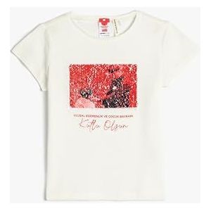 Koton Girls T-shirt met korte mouwen en ronde hals, omkeerbaar, pailletten, katoen, ecru (010), 5-6 Jaar